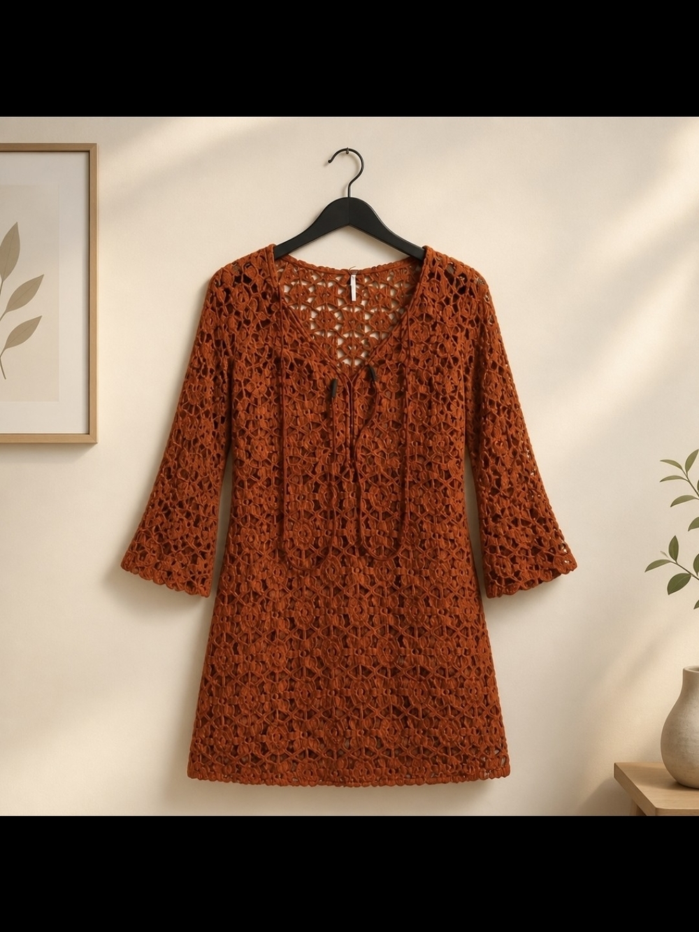 Free People Burnt Orange Crochet Tunic Dress Cover Up Boho Small